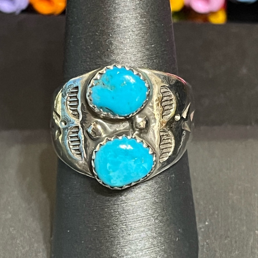 Old Sterling Native Turquoise Ring - image 1
